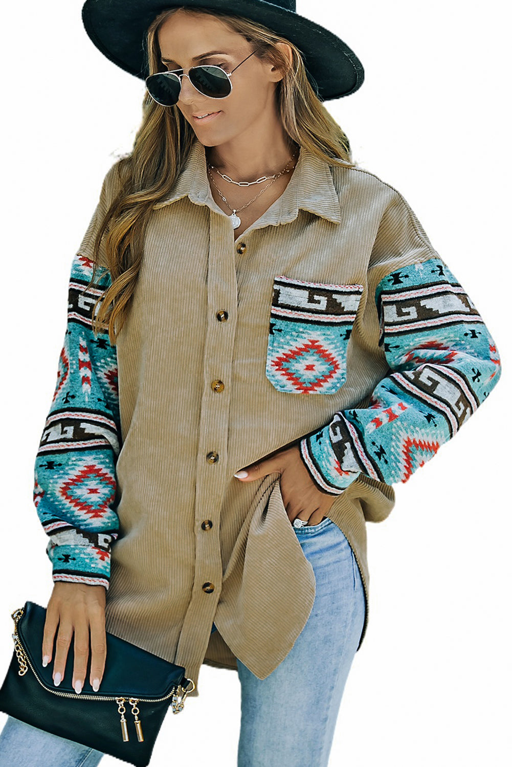 Khaki Aztec Pattern Sleeve Pocketed Corduroy Shacket - Dixie Hike & Style