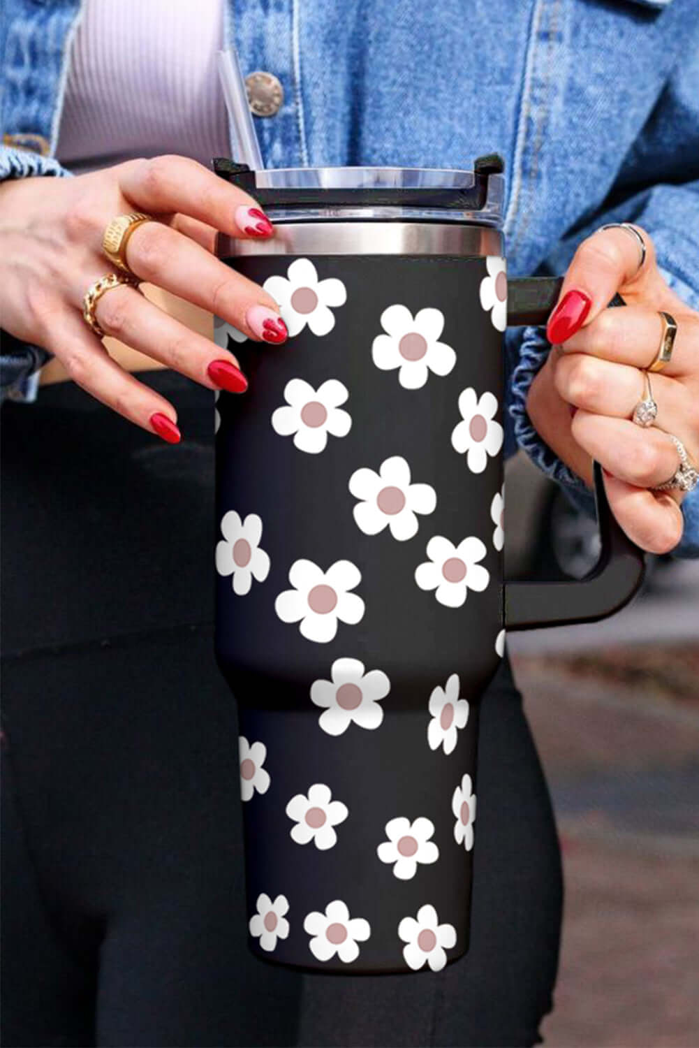 Black Floret Print Stainless Tumbler With Lid And Straw - Dixie Hike & Style