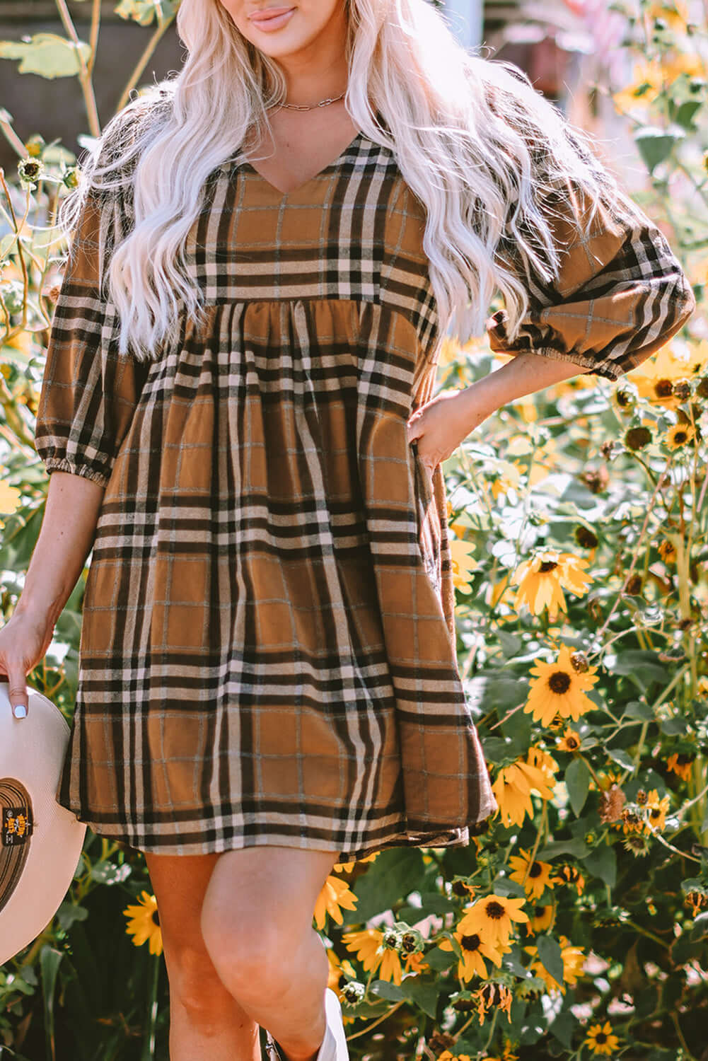Brown Plaid Pattern Empire Waist Babydoll Dress - Dixie Hike & Style