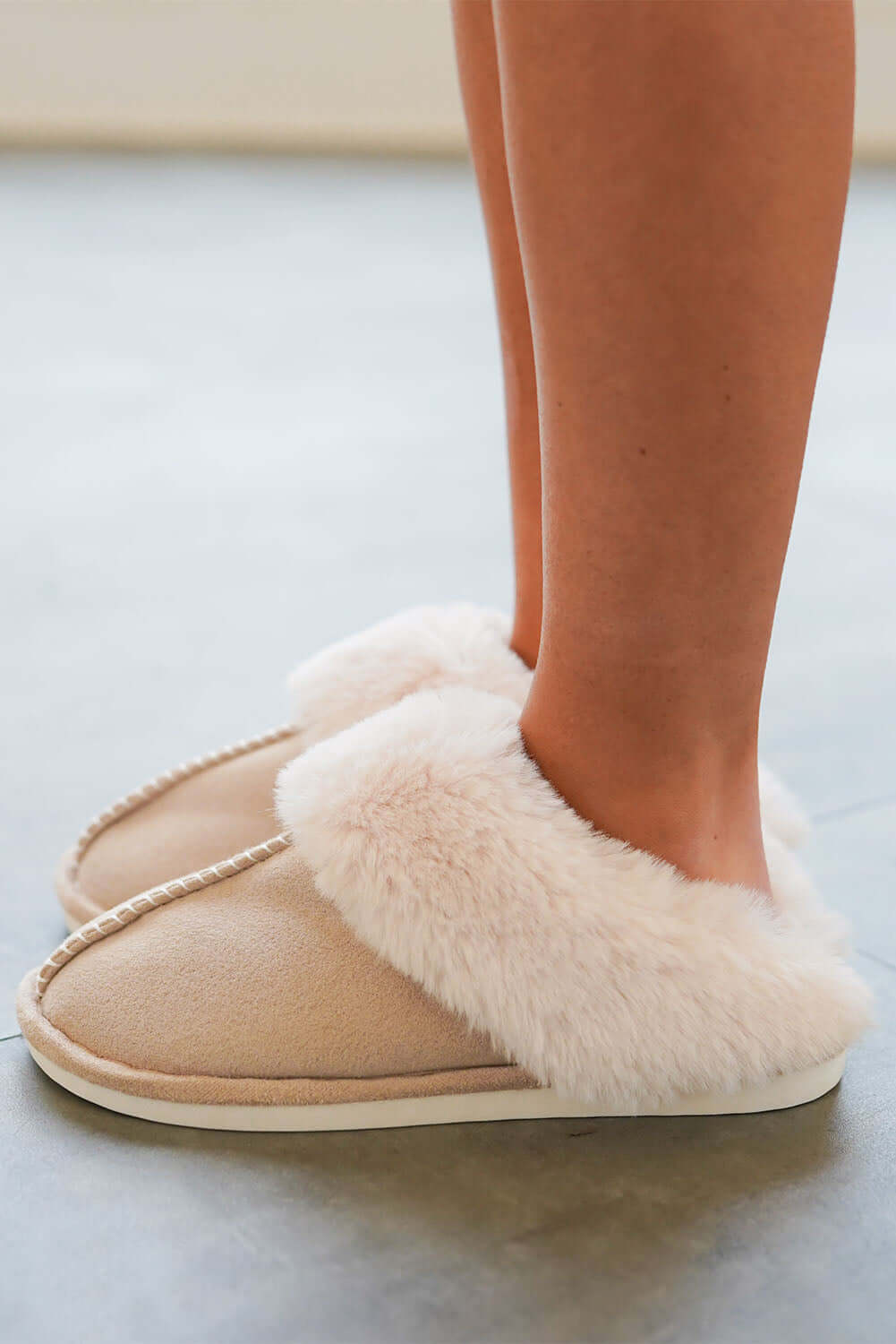 Khaki Cut and Sew Faux Suede Plush Lined Slippers - Dixie Hike & Style
