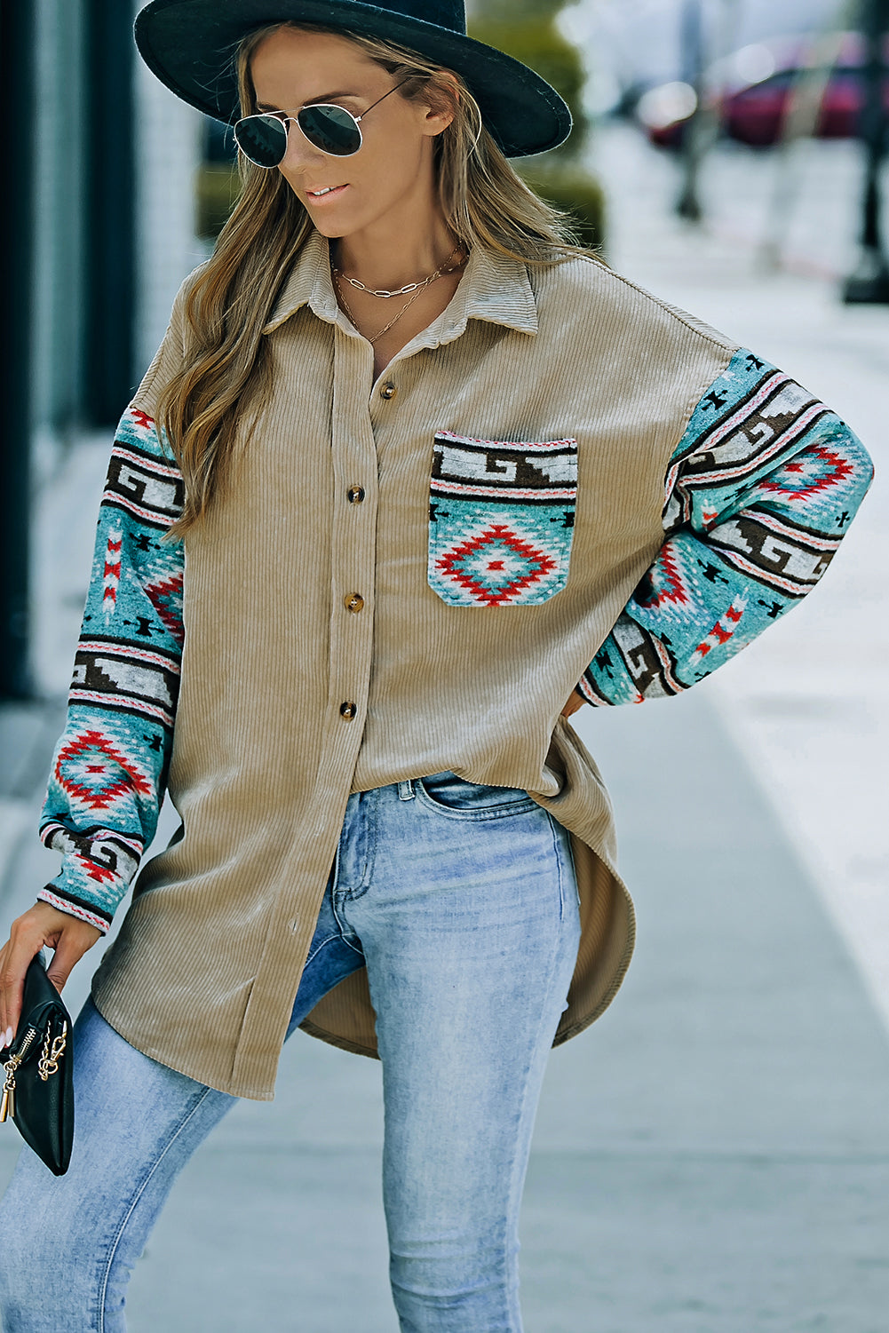 Khaki Aztec Pattern Sleeve Pocketed Corduroy Shacket - Dixie Hike & Style