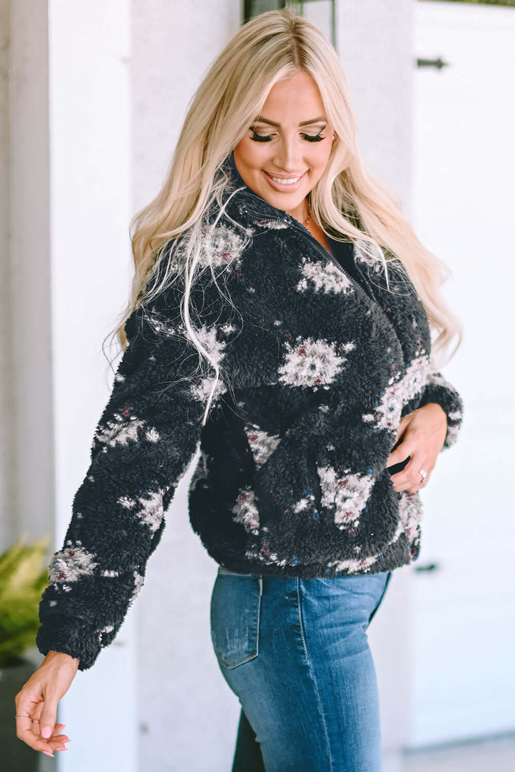 Black Aztec Pattern Zipper Collared Sherpa Jacket - Dixie Hike & Style