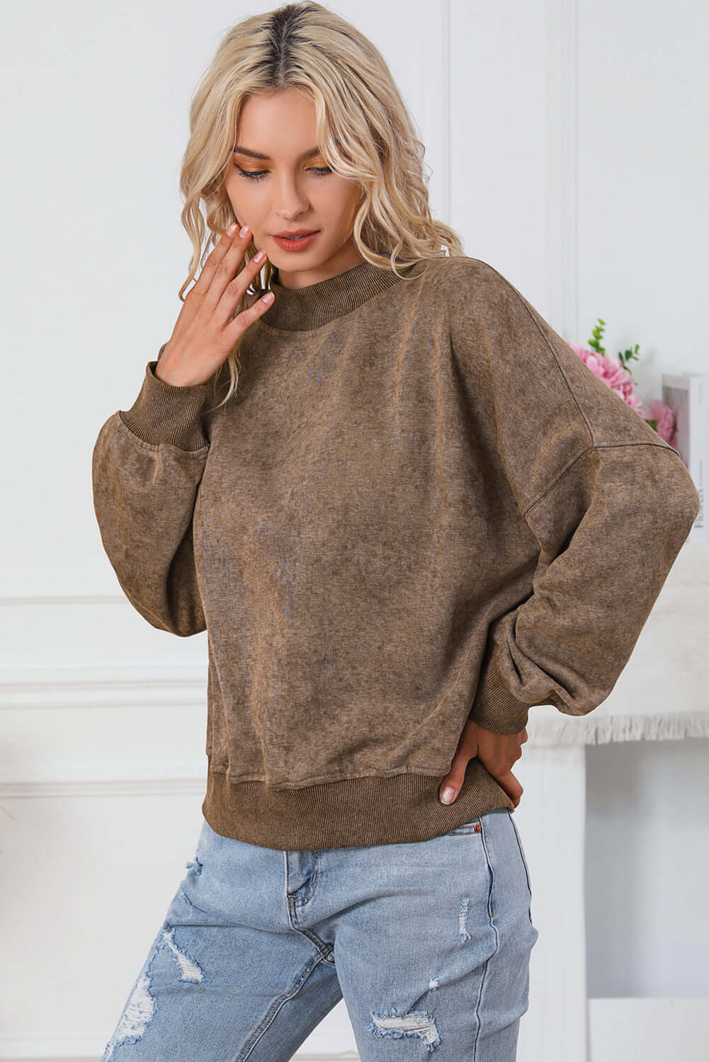Brown Drop Shoulder Crew Neck Pullover Sweatshirt - Dixie Hike & Style