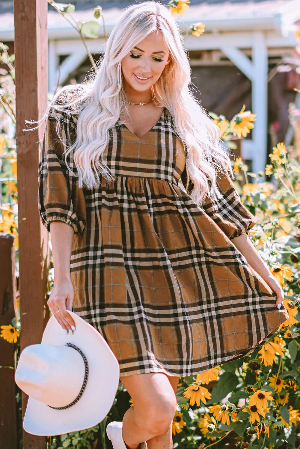Brown Plaid Pattern Empire Waist Babydoll Dress - Dixie Hike & Style