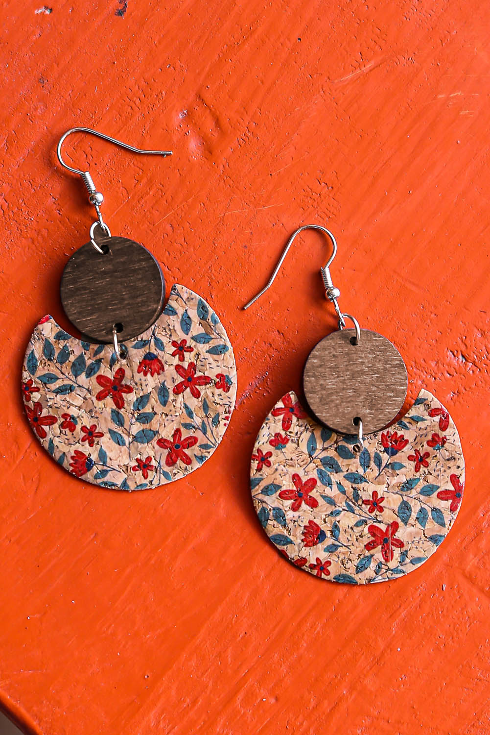 Multicolor Vintage Floral Print Geometric Wood Earrings - Dixie Hike & Style