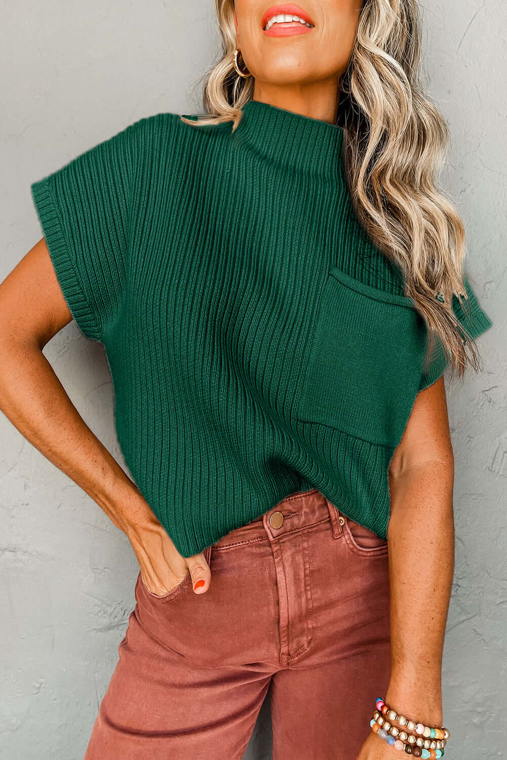 Blackish Green Patch Pocket Ribbed Knit Short Sleeve Sweater - Dixie Hike & Style