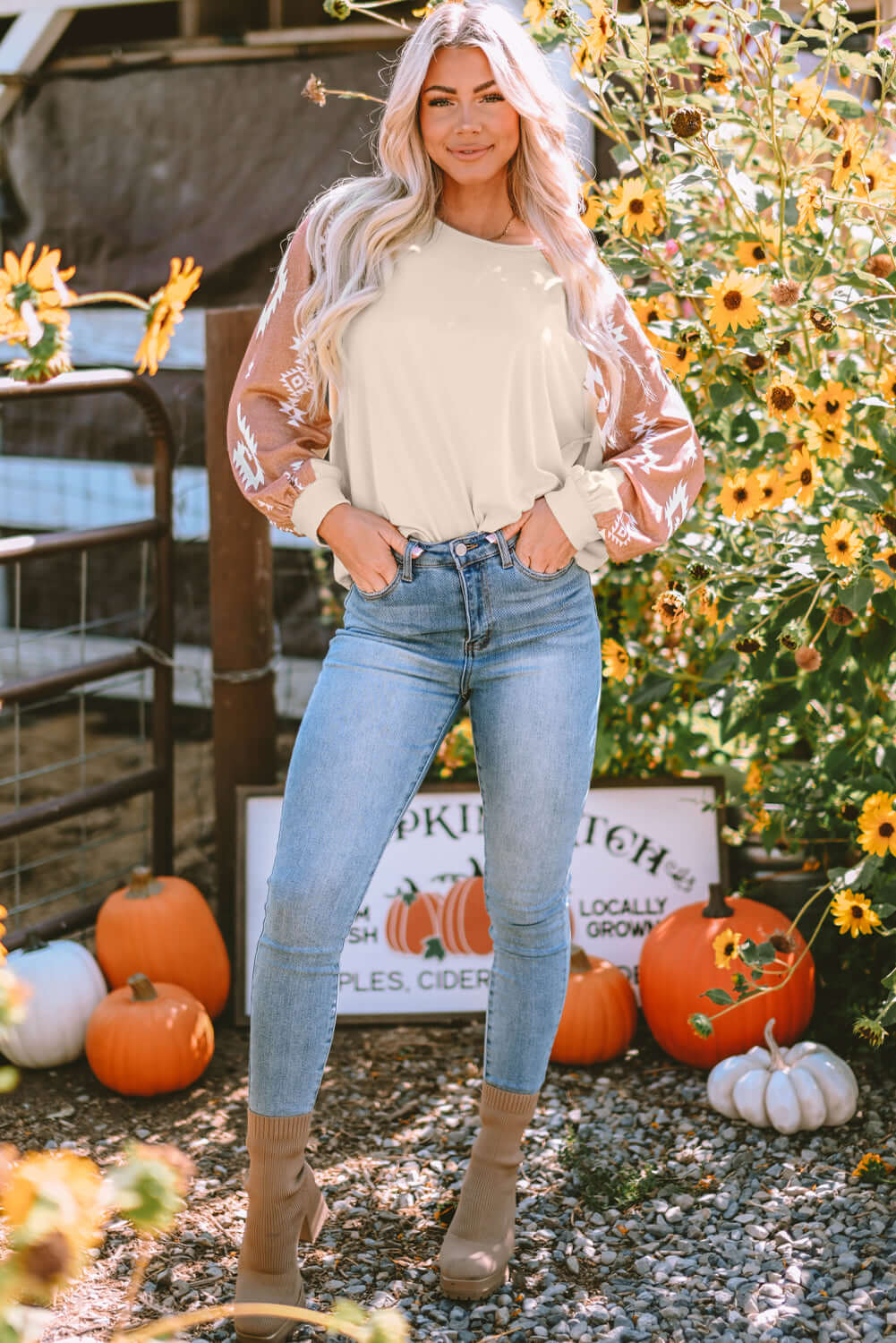 Apricot Western Print Patch Long Sleeve Top - Dixie Hike & Style