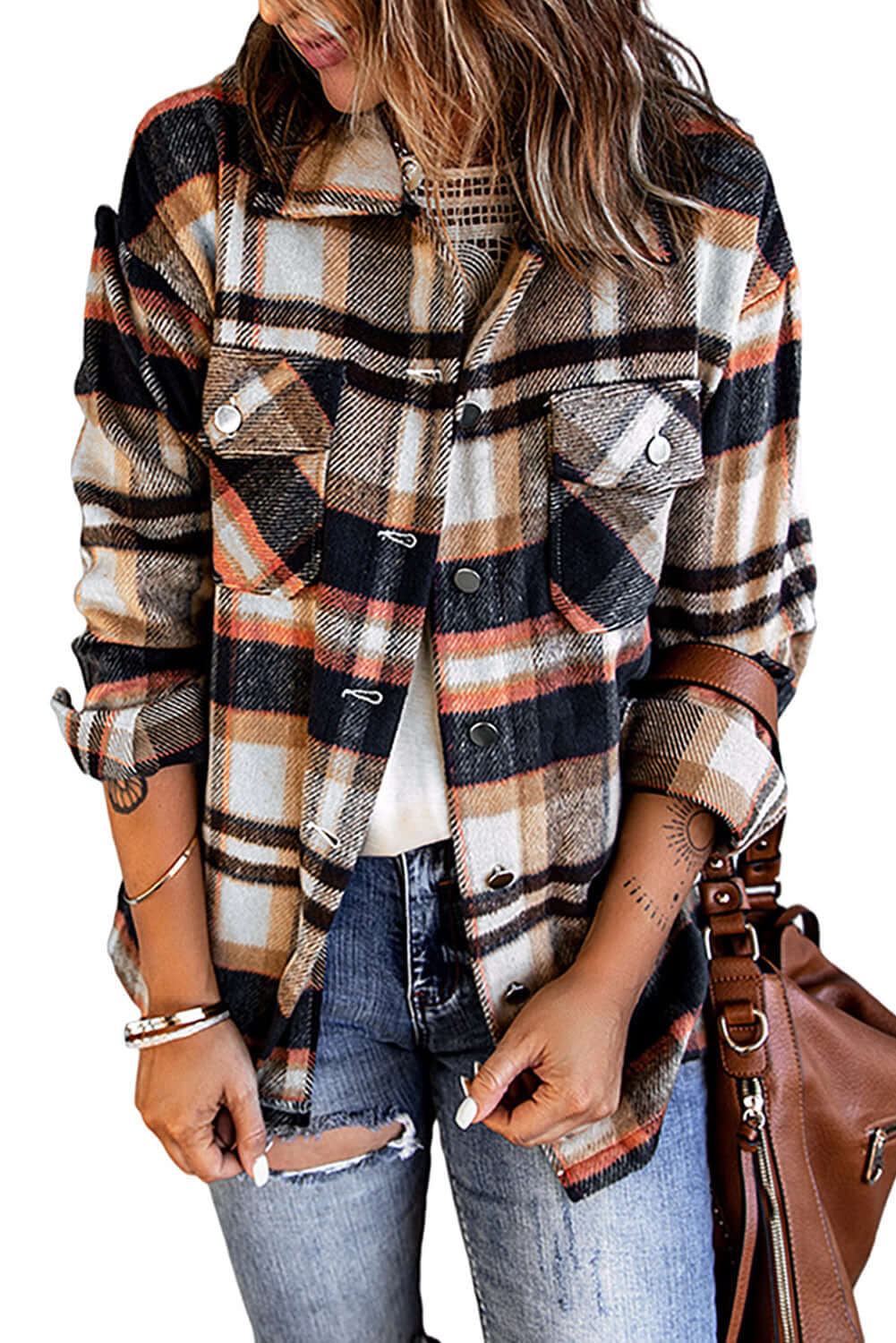 Geometric Plaid Print Pocketed Shacket - Dixie Hike & Style