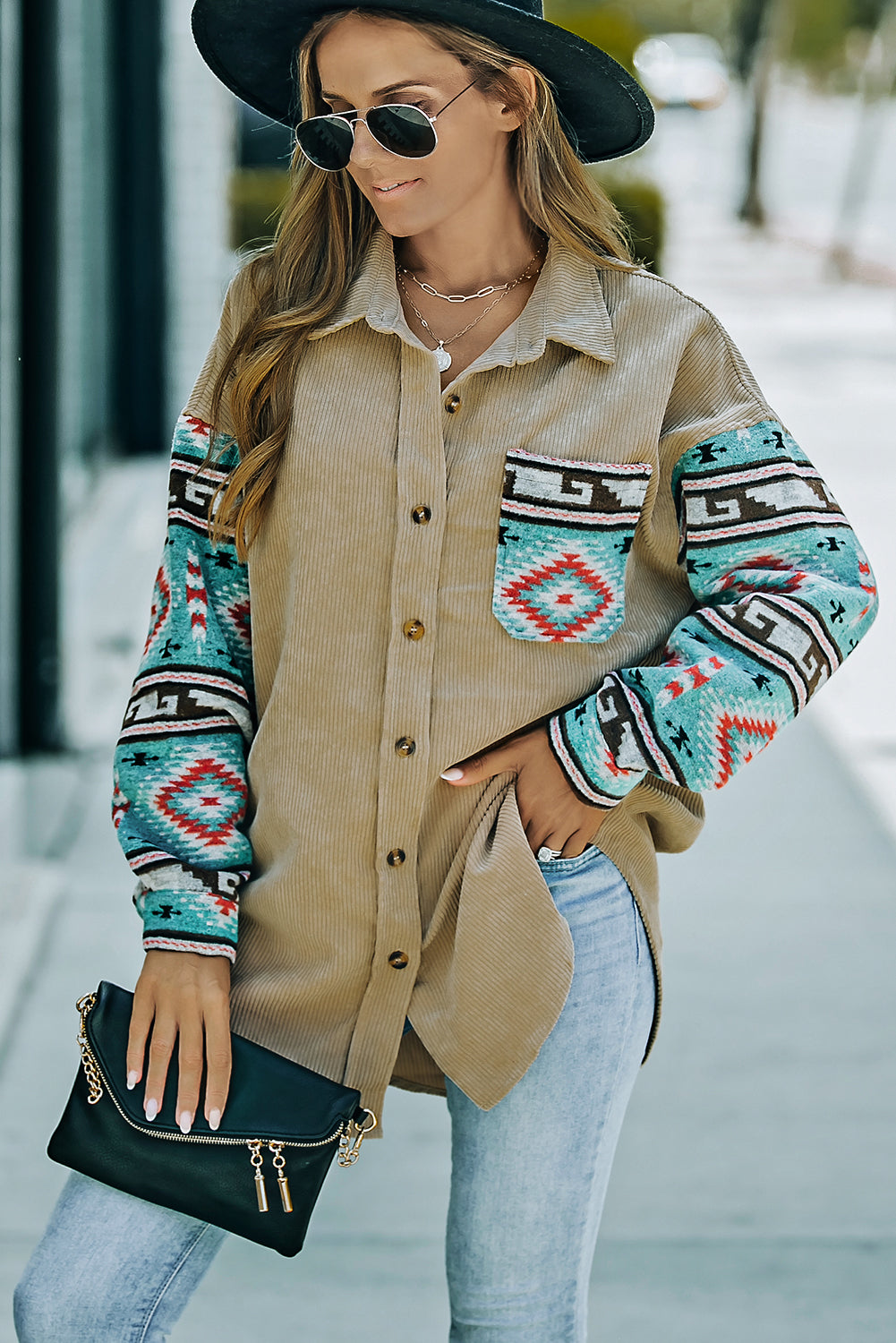 Khaki Aztec Pattern Sleeve Pocketed Corduroy Shacket - Dixie Hike & Style