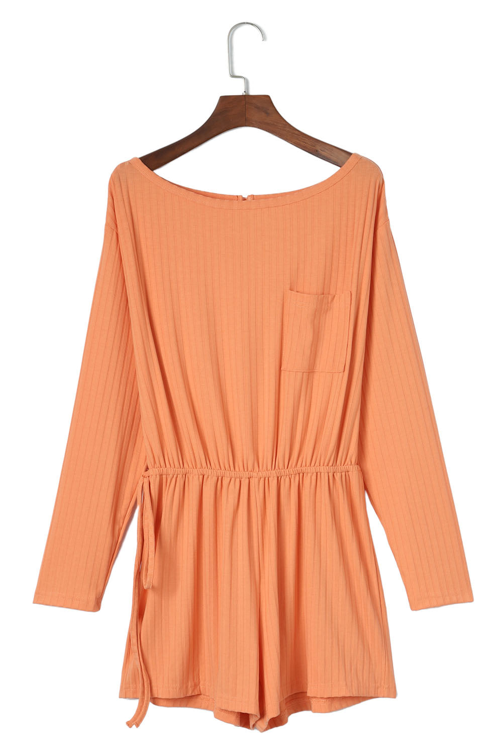 Orange Ribbed Drawstring Waist Long Sleeve Romper - Dixie Hike & Style