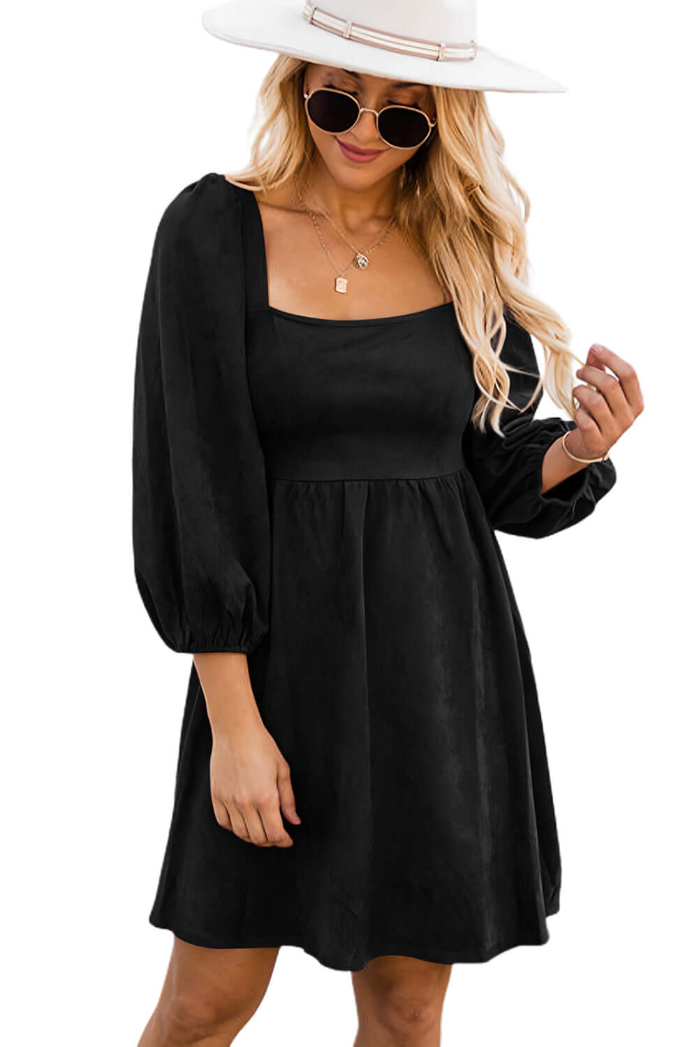 Black Suede Square Neck Puff Sleeve Dress - Dixie Hike & Style
