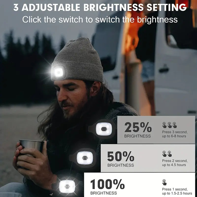NightGlow Knit Beanie: 4-LED Rechargeable Hat - Dixie Hike & Style