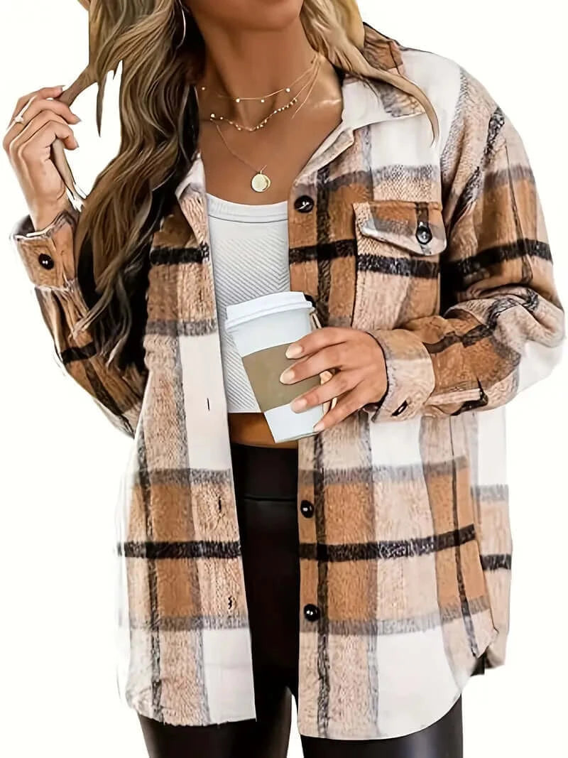 Brown Plaid Adult Button-Up Top - Fall Fashion Essential - Dixie Hike & Style