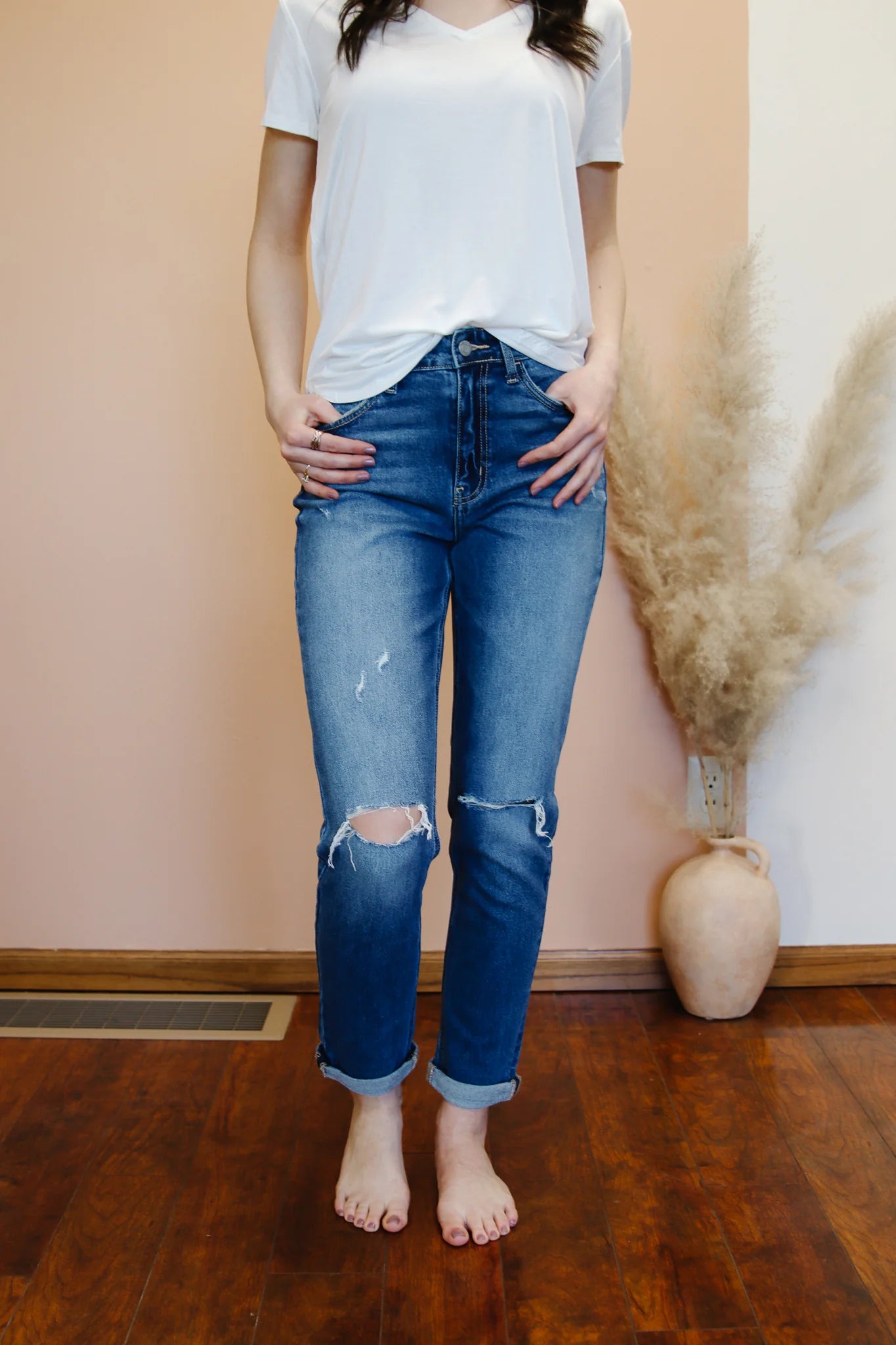 VERVET Erika Blue Distressed Mom Jeans - Dixie Hike & Style