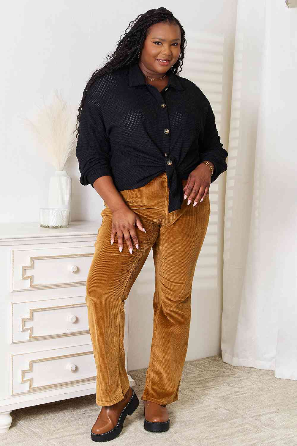 Double Take Waffle-Knit Collared Neck Dropped Shoulder Shirt - Dixie Hike & Style