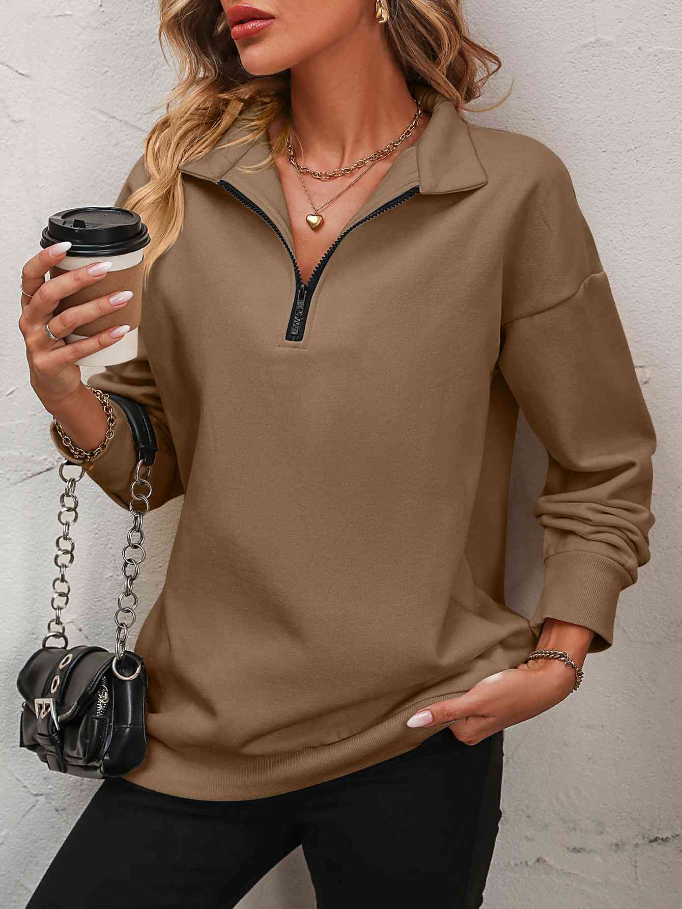 Zip-Up Dropped Shoulder Sweatshirt - Dixie Hike & Style