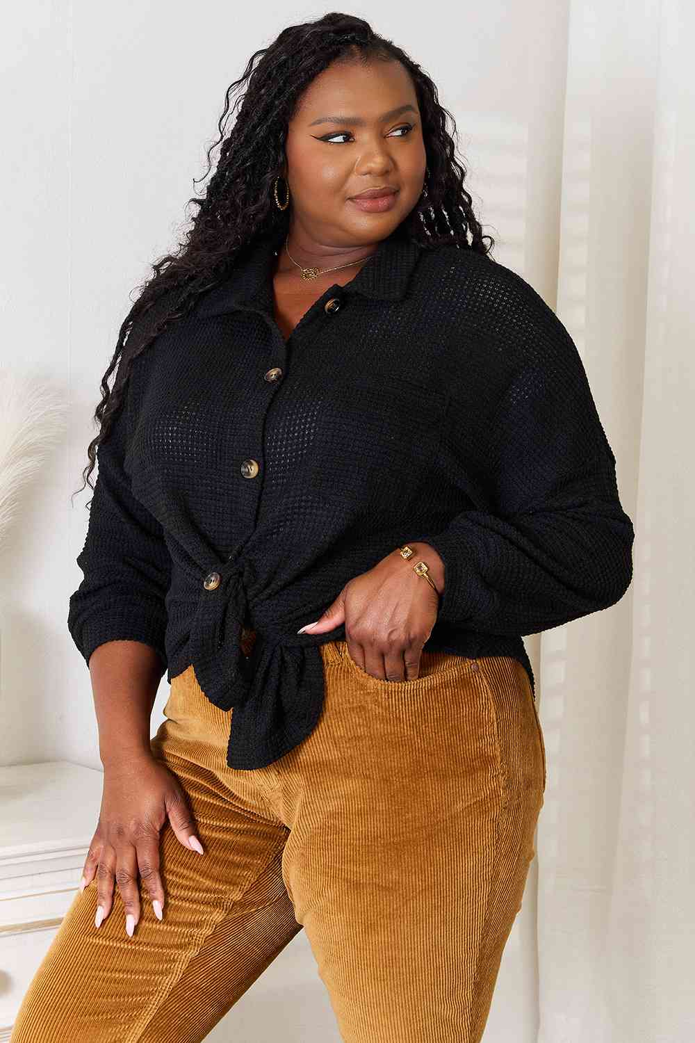 Double Take Waffle-Knit Collared Neck Dropped Shoulder Shirt - Dixie Hike & Style
