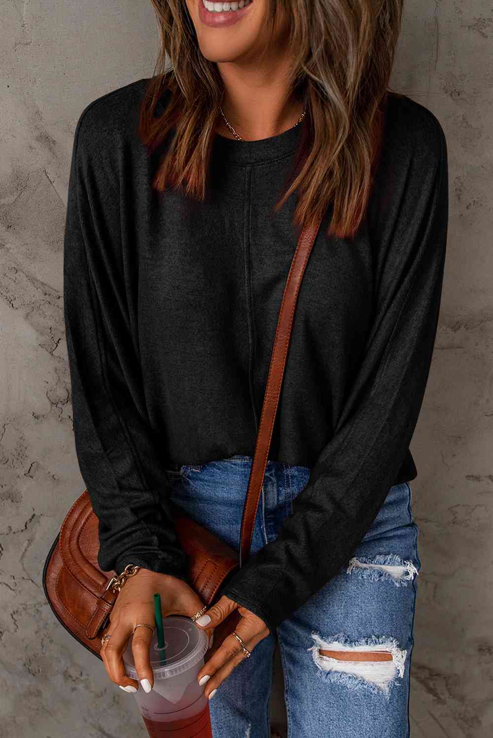 Seam Detail Round Neck Long Sleeve Top - Dixie Hike & Style