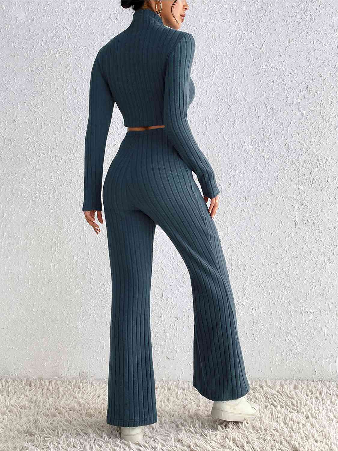 Ribbed Mock Neck Cropped Sweater & High Waist Pants Set - Dixie Hike & Style