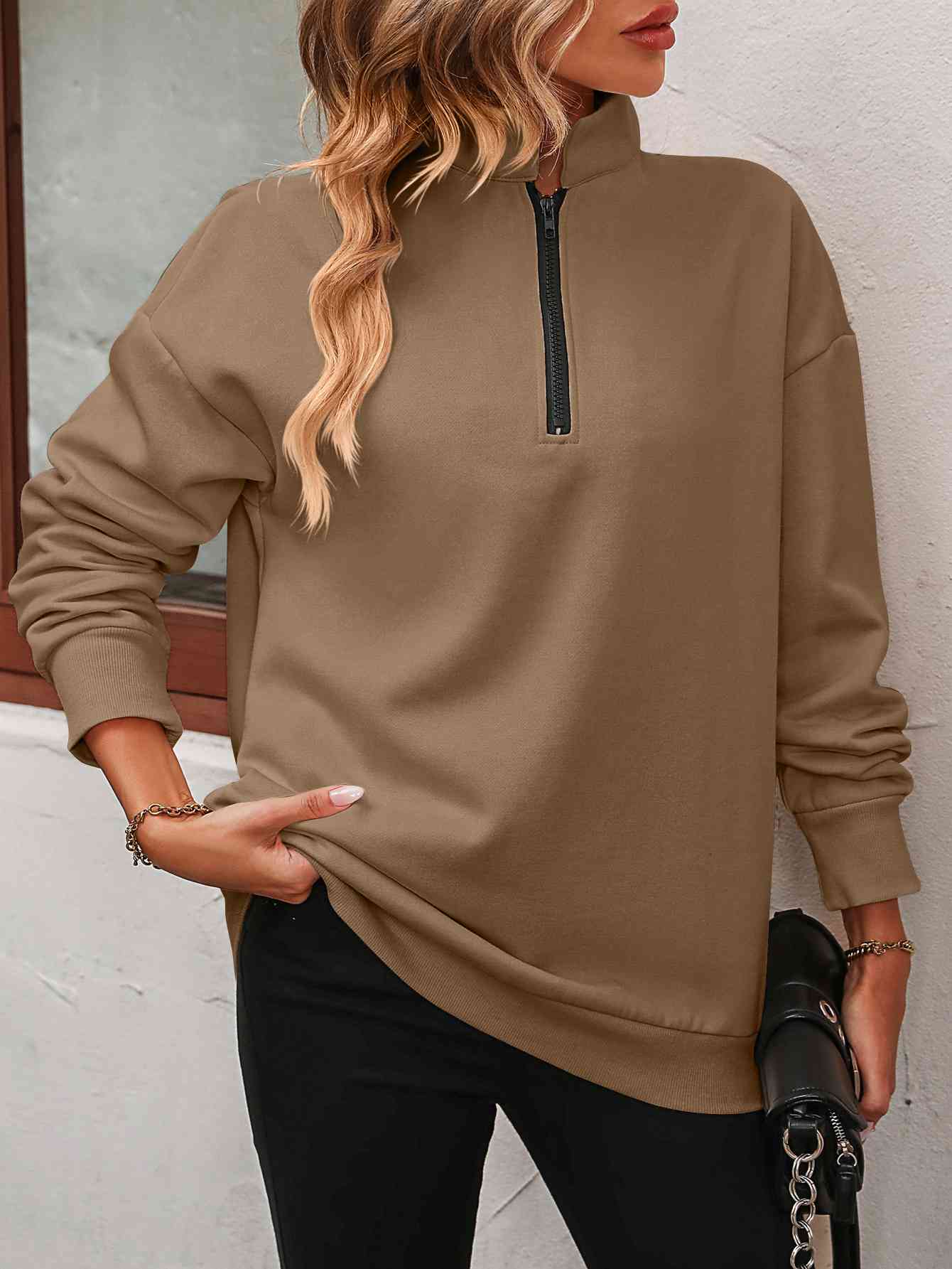 Zip-Up Dropped Shoulder Sweatshirt - Dixie Hike & Style
