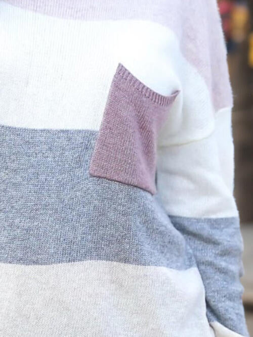 Striped Round Neck Sweater with Pocket - Dixie Hike & Style