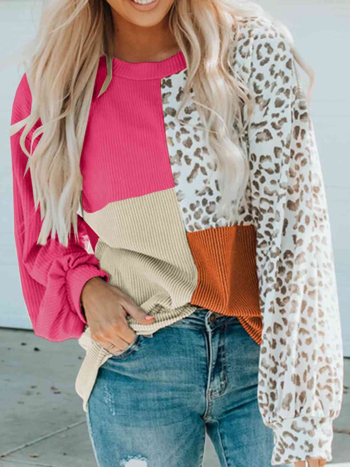 Color Block Leopard Round Neck Sweatshirt - Dixie Hike & Style
