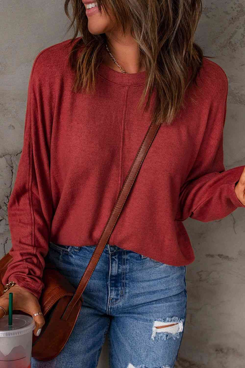 Seam Detail Round Neck Long Sleeve Top - Dixie Hike & Style