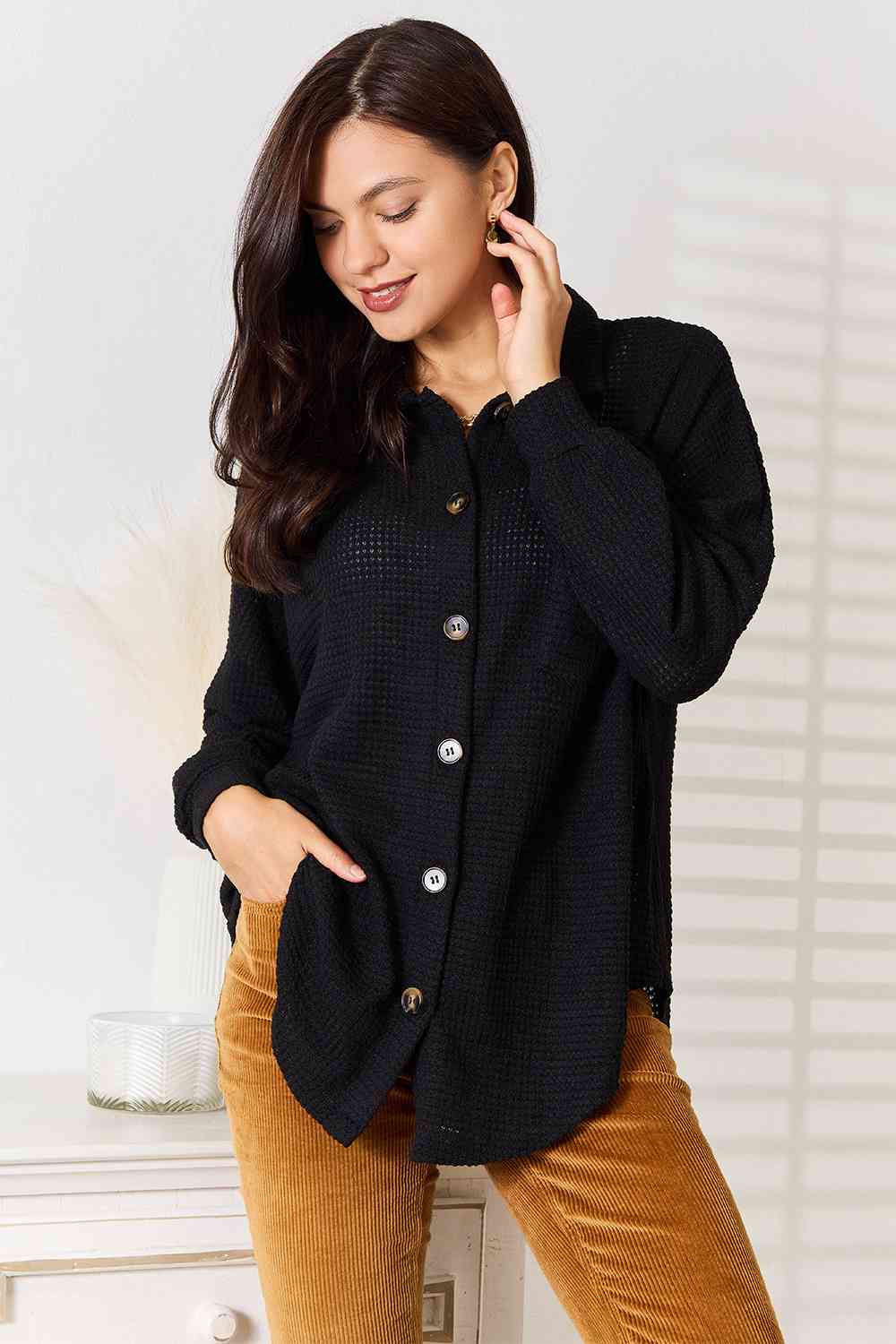 Double Take Waffle-Knit Collared Neck Dropped Shoulder Shirt - Dixie Hike & Style