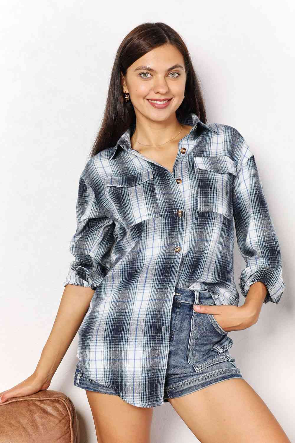 Double Take Plaid Dropped Shoulder Shirt - Dixie Hike & Style