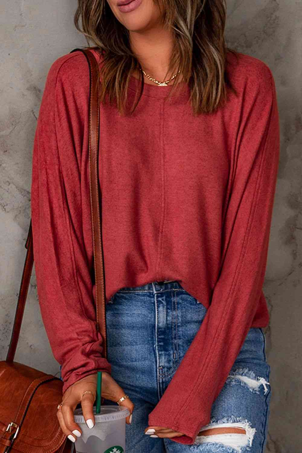 Seam Detail Round Neck Long Sleeve Top - Dixie Hike & Style