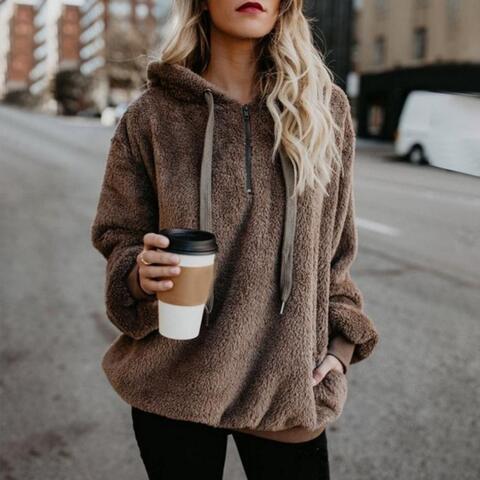 Quarter-Zip Drawstring Teddy Hoodie - Dixie Hike & Style