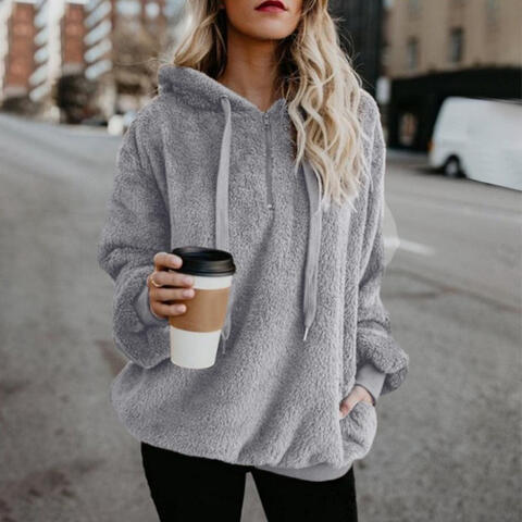 Quarter-Zip Drawstring Teddy Hoodie - Dixie Hike & Style