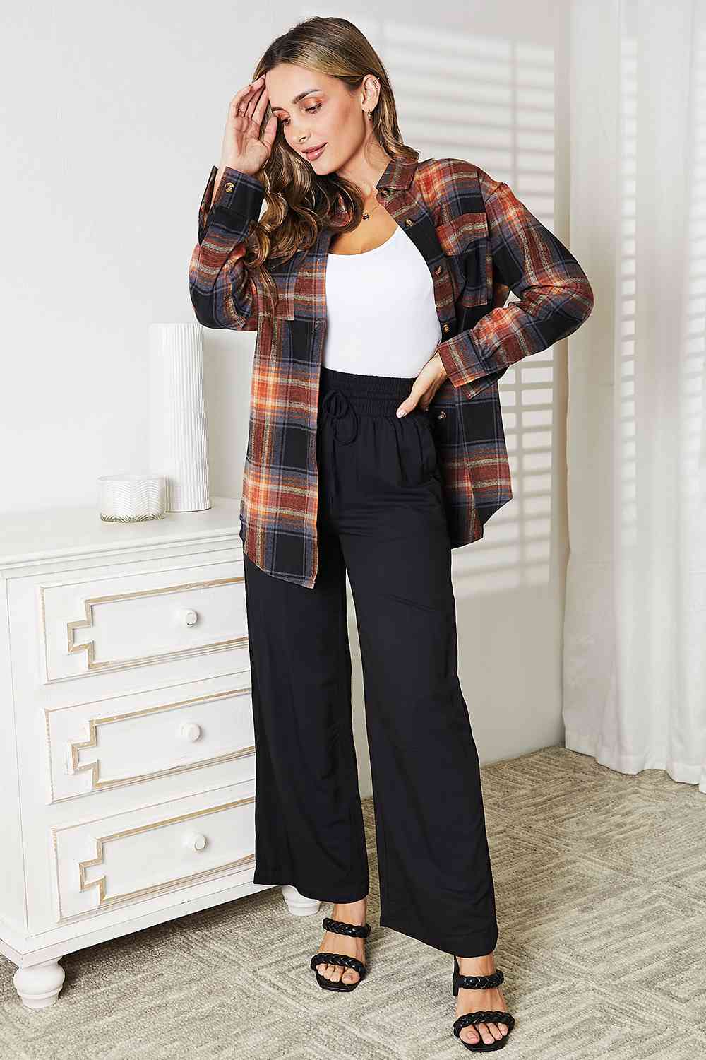 Double Take Plaid Dropped Shoulder Shirt - Dixie Hike & Style