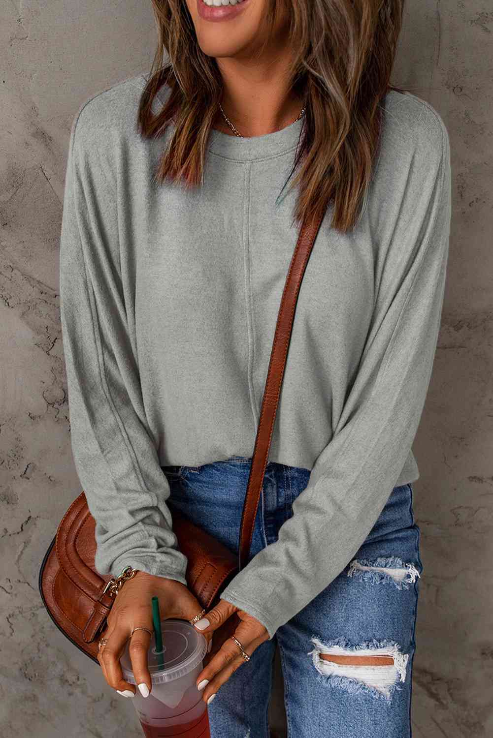 Seam Detail Round Neck Long Sleeve Top - Dixie Hike & Style
