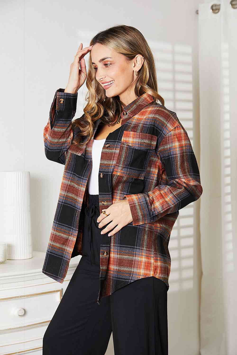 Double Take Plaid Dropped Shoulder Shirt - Dixie Hike & Style