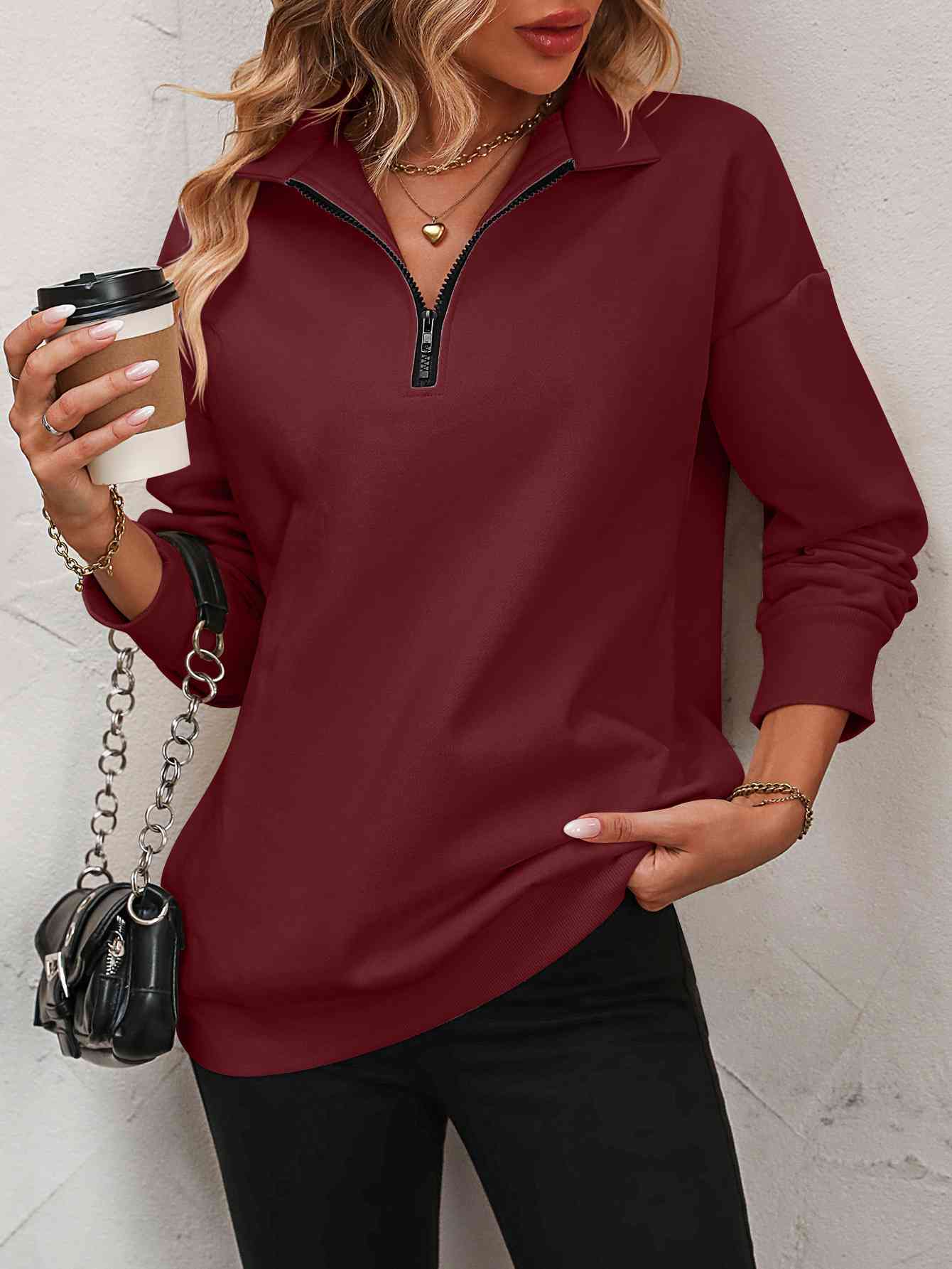 Zip-Up Dropped Shoulder Sweatshirt - Dixie Hike & Style
