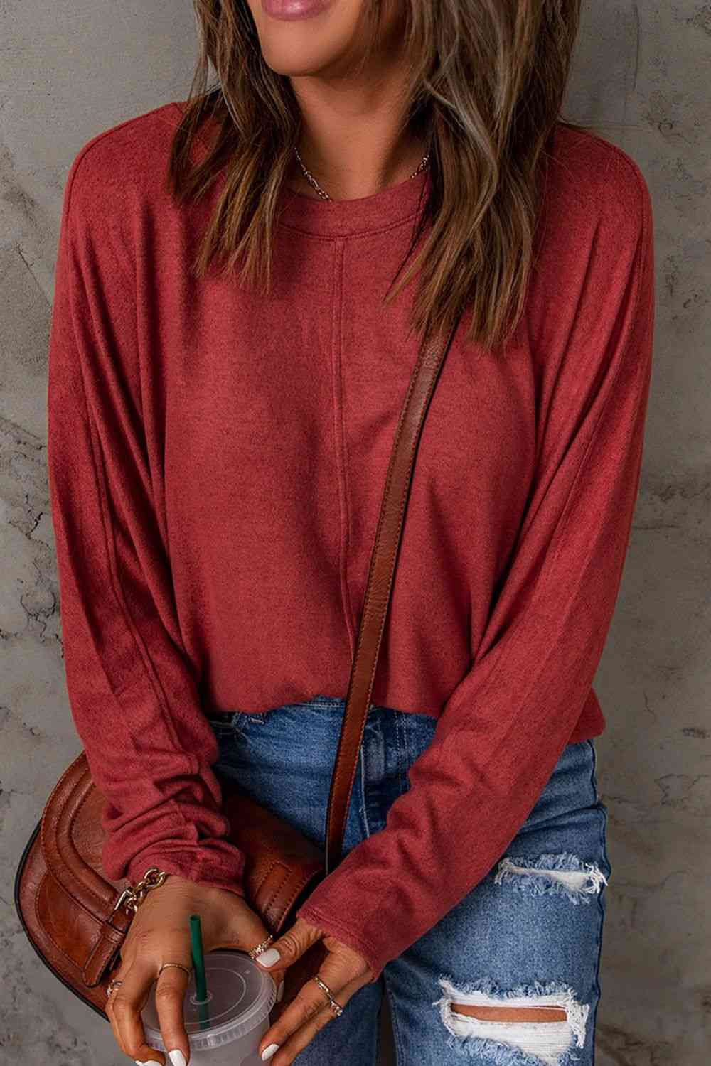 Seam Detail Round Neck Long Sleeve Top - Dixie Hike & Style