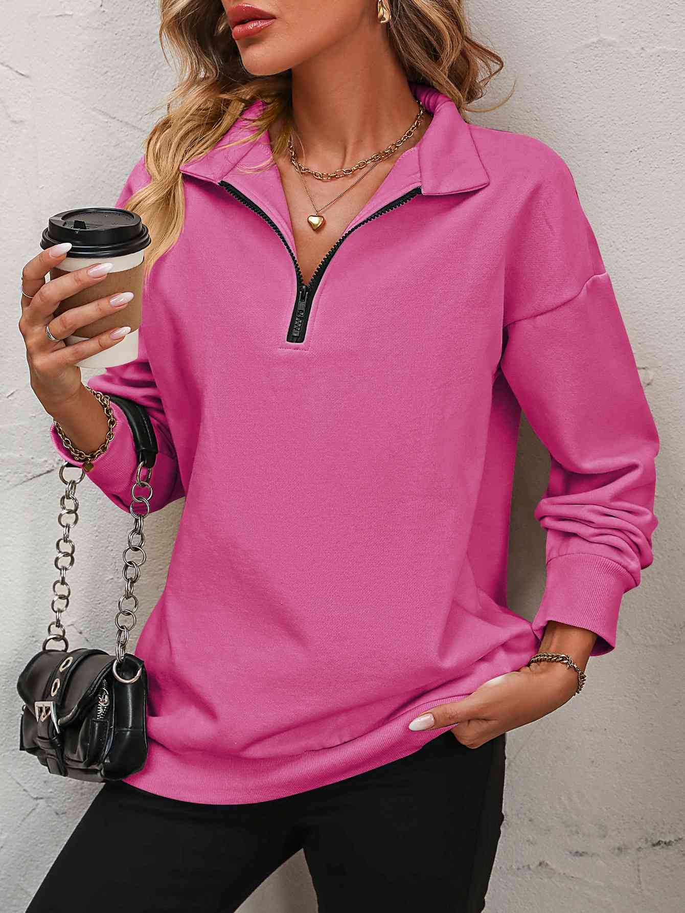 Zip-Up Dropped Shoulder Sweatshirt - Dixie Hike & Style