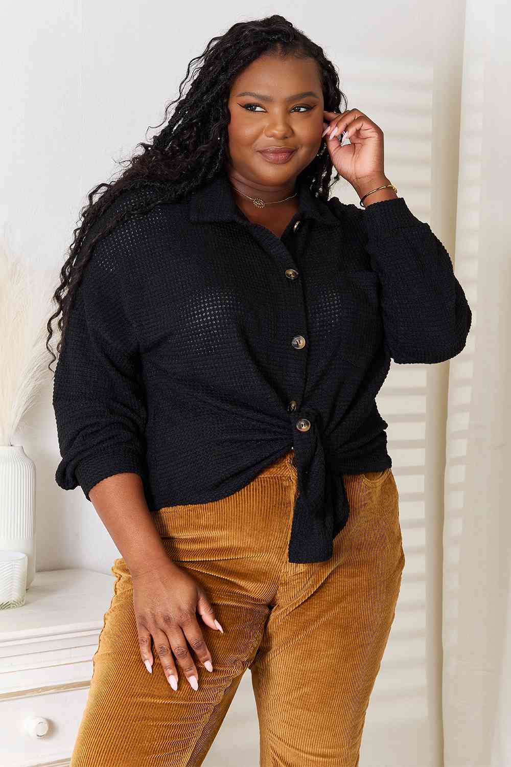 Double Take Waffle-Knit Collared Neck Dropped Shoulder Shirt - Dixie Hike & Style