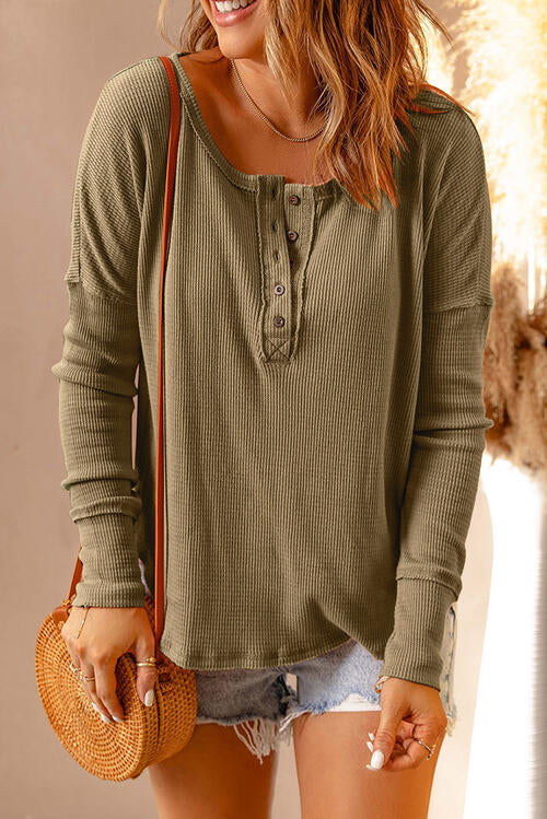 Waffle Knit Henley Long Sleeve Top - Dixie Hike & Style