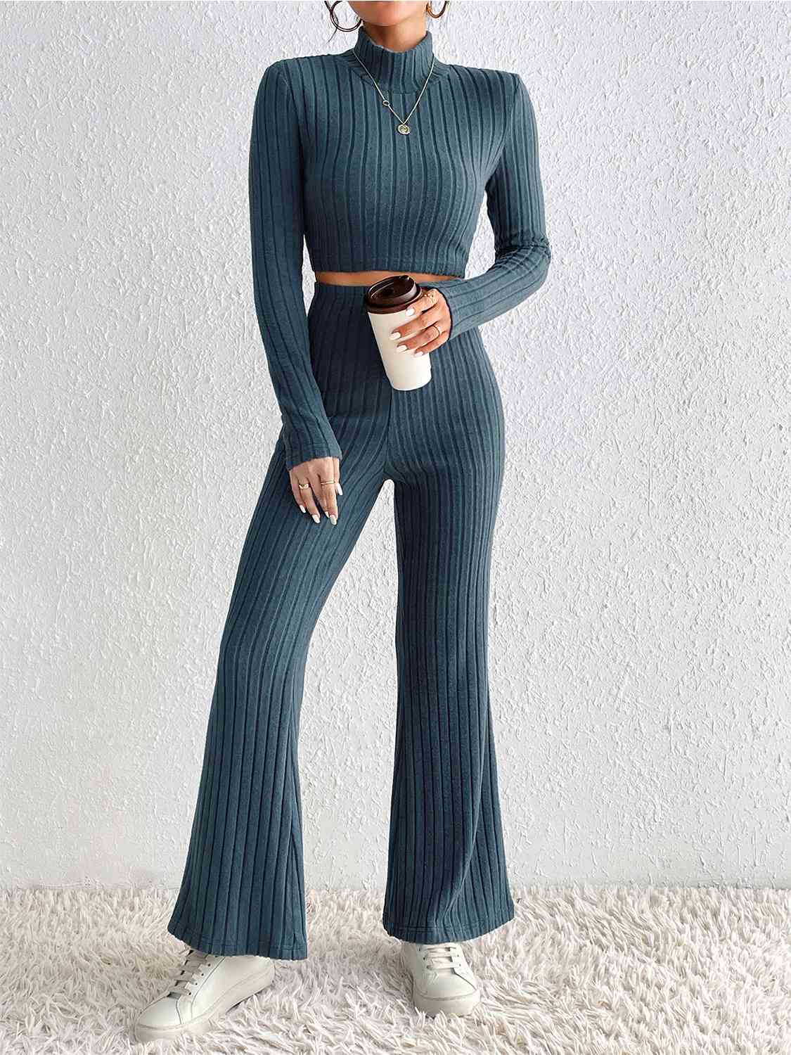 Ribbed Mock Neck Cropped Sweater & High Waist Pants Set - Dixie Hike & Style