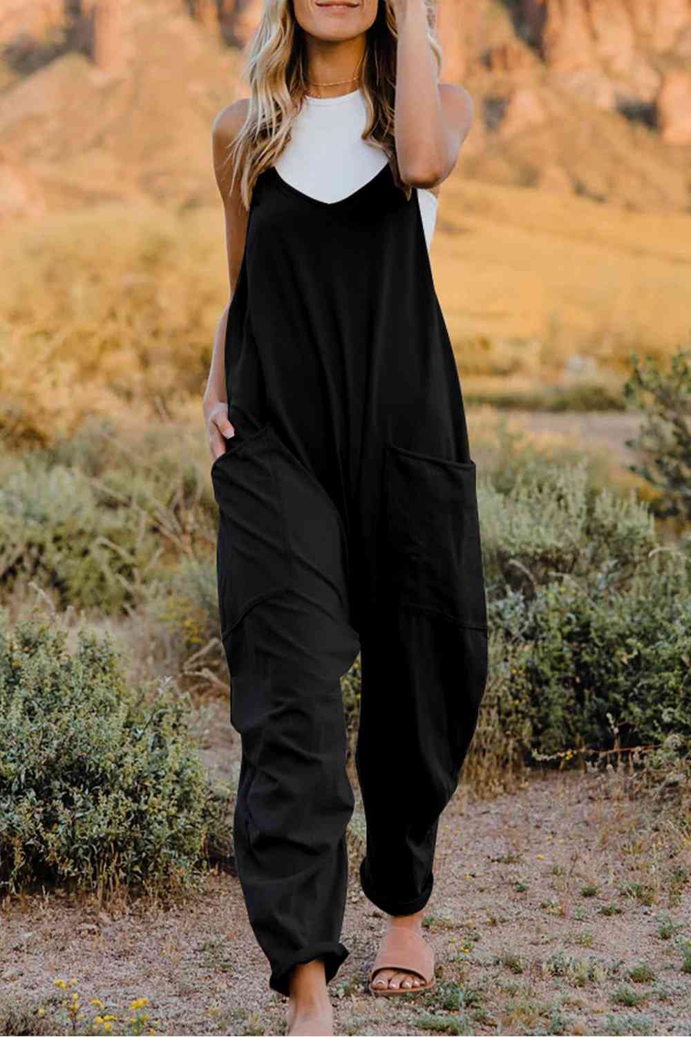Double Take V-Neck Sleeveless Jumpsuit with Pocket - Dixie Hike & Style