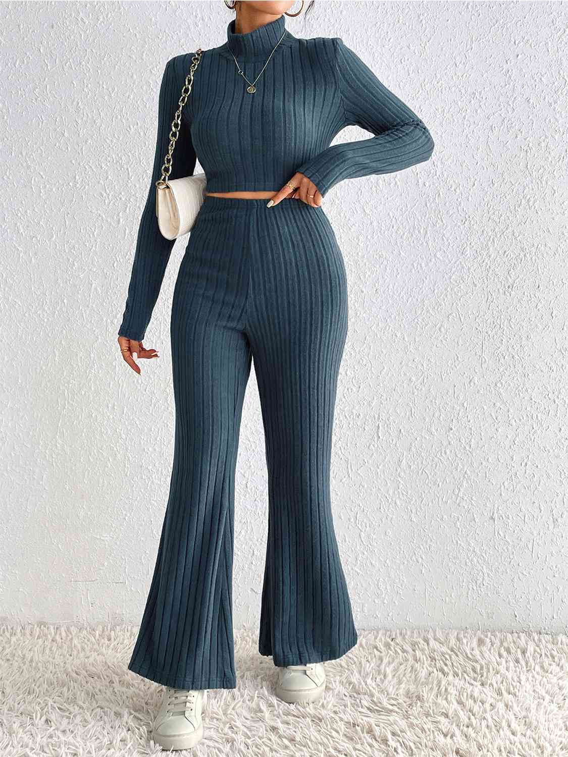Ribbed Mock Neck Cropped Sweater & High Waist Pants Set - Dixie Hike & Style