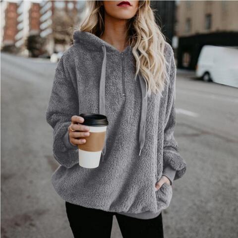 Quarter-Zip Drawstring Teddy Hoodie - Dixie Hike & Style
