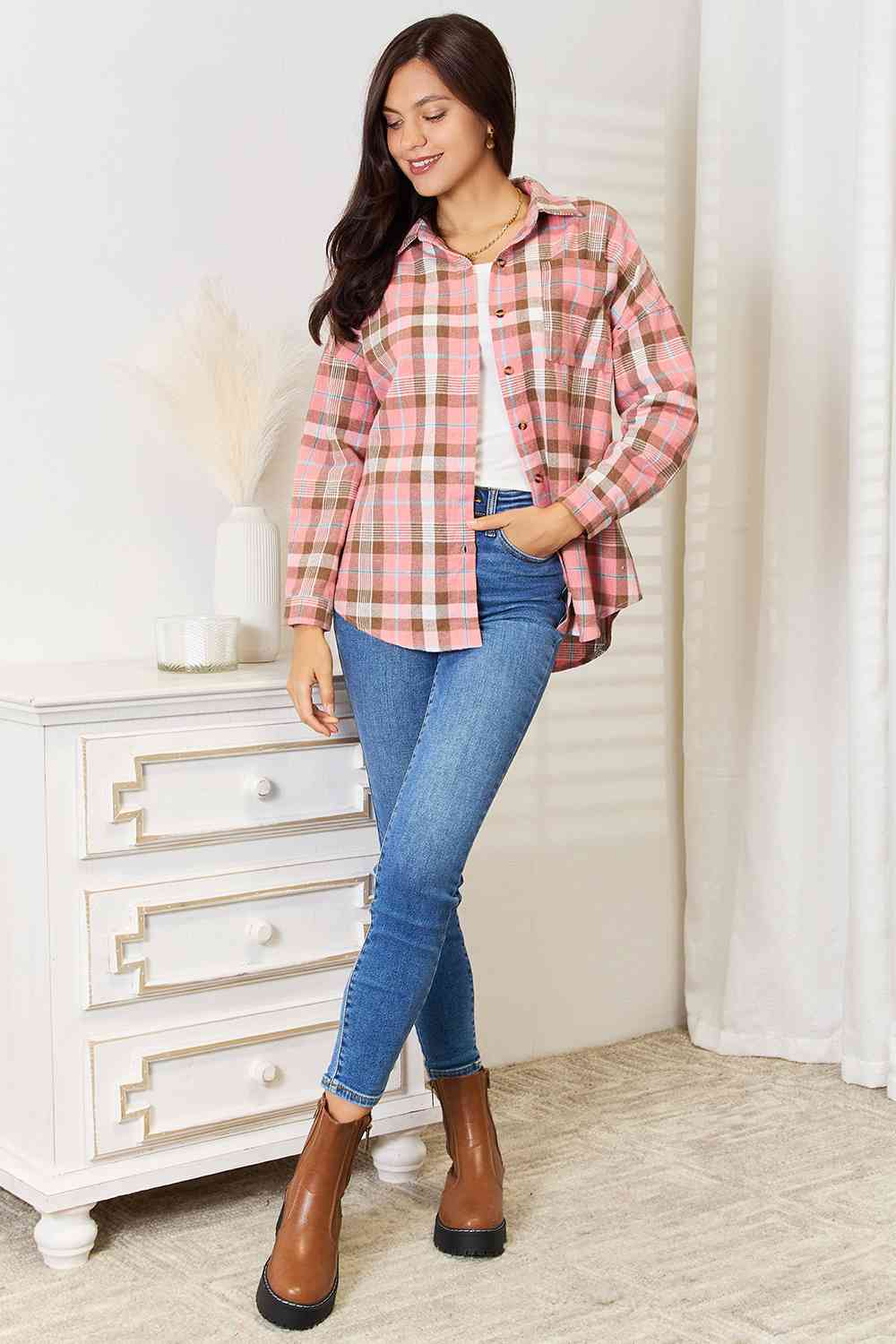 Double Take Plaid Collared Neck Long Sleeve Button-Up Shirt - Dixie Hike & Style