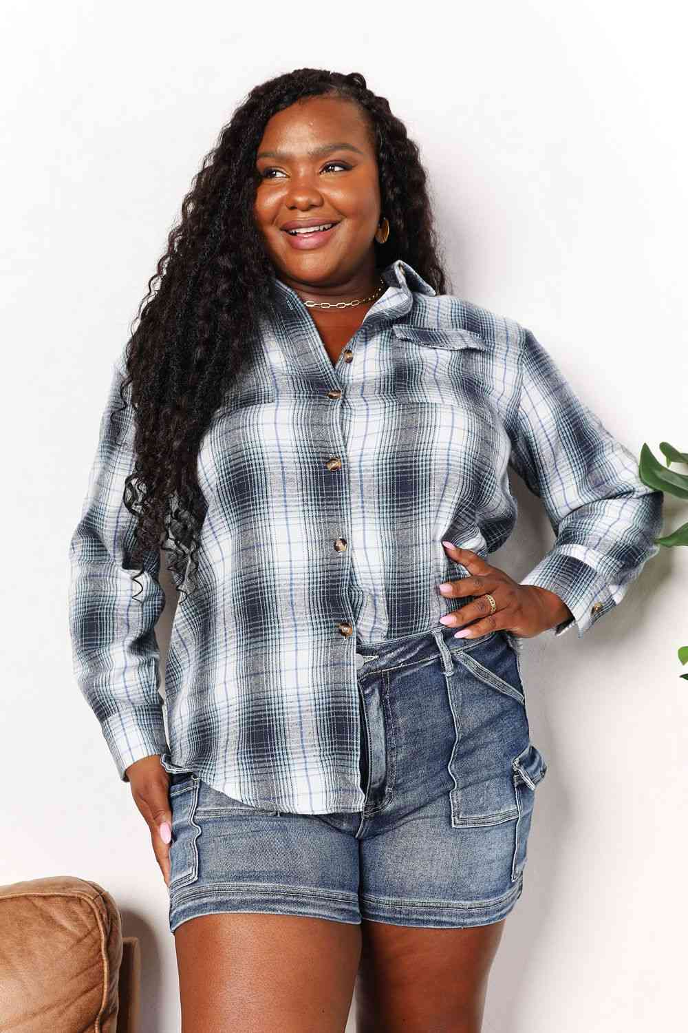 Double Take Plaid Dropped Shoulder Shirt - Dixie Hike & Style