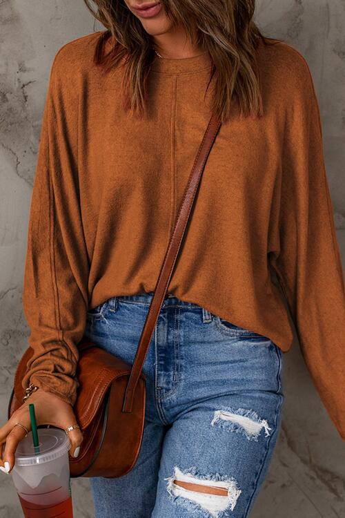 Seam Detail Round Neck Long Sleeve Top - Dixie Hike & Style