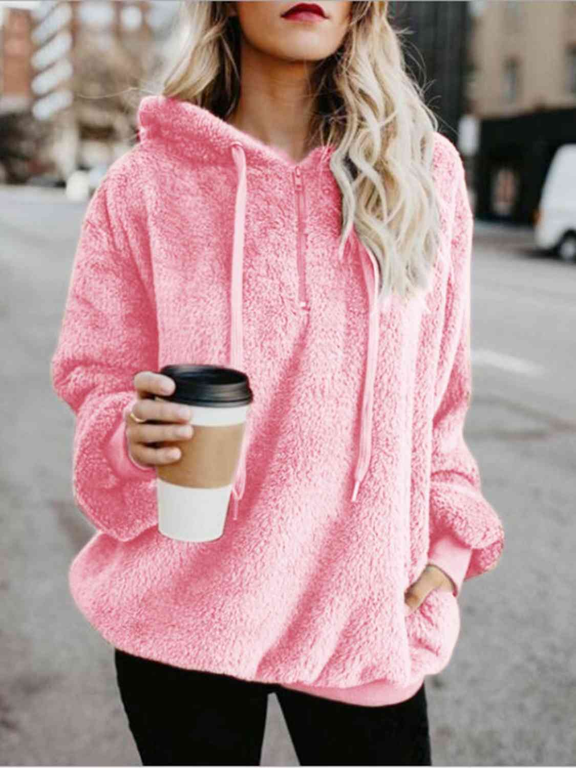 Quarter-Zip Drawstring Teddy Hoodie - Dixie Hike & Style