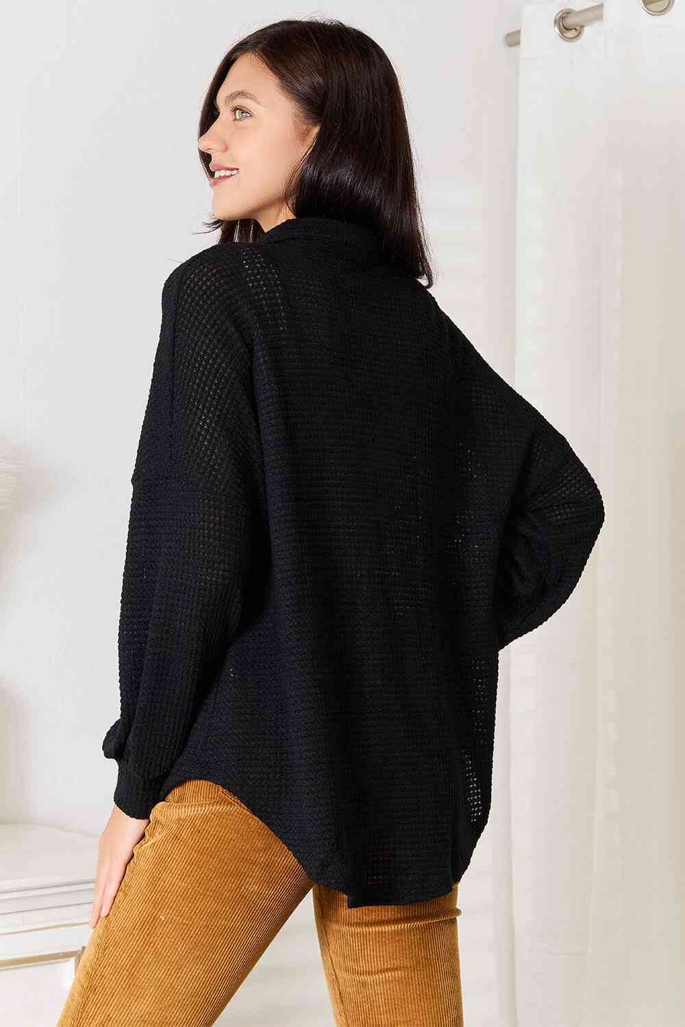 Double Take Waffle-Knit Collared Neck Dropped Shoulder Shirt - Dixie Hike & Style