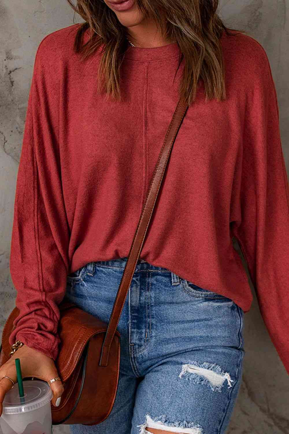 Seam Detail Round Neck Long Sleeve Top - Dixie Hike & Style